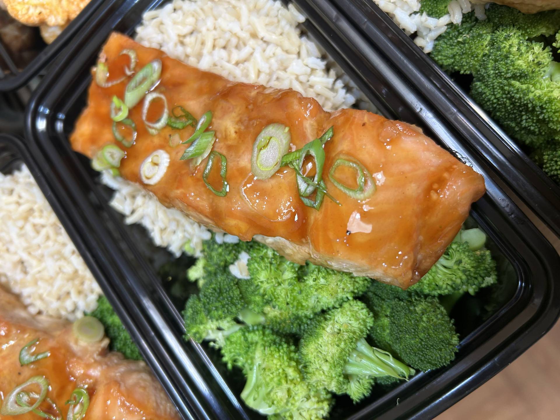 Low Carb Teriyaki Glazed Salmon, Brown Rice, Steamed Broccoli